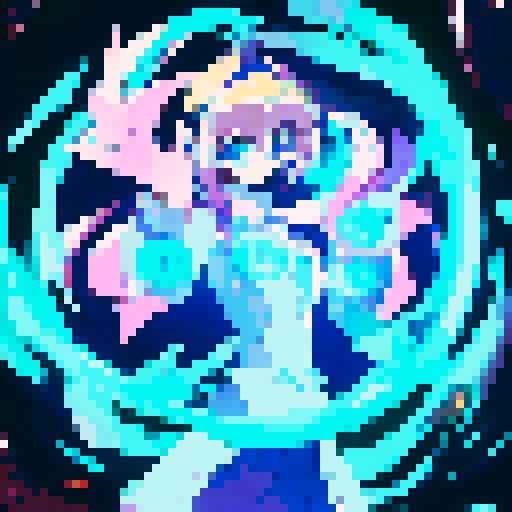 Magician girl with ample bust, casting spell with swirling blue flames, surrounded by floating cards, in vibrant anime style.