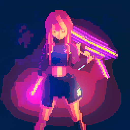  Mage anime girl with flowing hair, fluorescent tattoos, and a pixelated sniper rifle, navigating through a purple neon-lit night market and an sRGB glow
