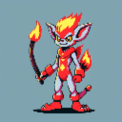 A fire imp. furry and gremlin-like. on a grey background