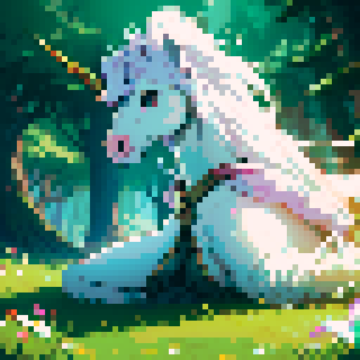 unicorn woman hybrid with cloven hooves, ethereal mane flowing, delicate golden horn, playful expression, bathed in the moons glow in a forest, clear detail, pixel art style, sRGB format
