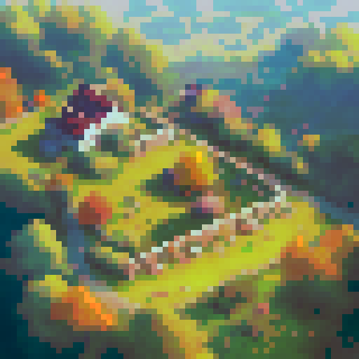 Scenery from elevated angle, farm village with fields, autumn