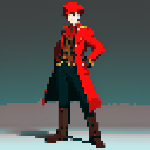 steampunk young man, red coat, red hat, 2D game stance, pixel art, sRGB, full body