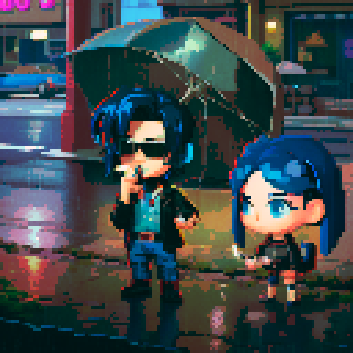 blue haired 90s pop girl on the right is smoking a cigarette, and the man on the left with black hair is holding a gun, night time rainy oldtime villag, grim