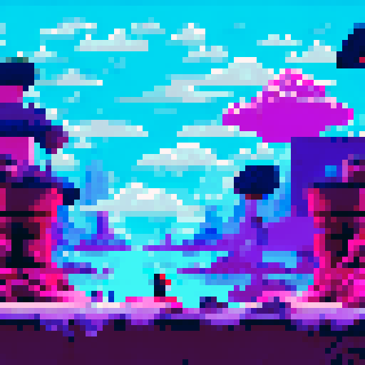 sky city, floating, full of light, music, people playing video-games, sRGB, pixel art, background, landscape