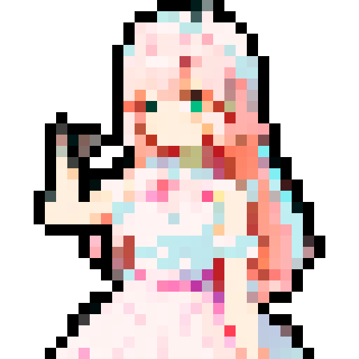 shy anime girl with pastel pink hair, wearing a frilly white dress, waving in a vibrant pixel art scene with a sRGB color palette