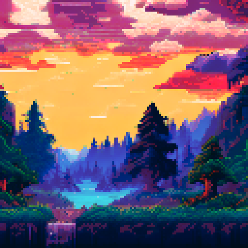 Forest ablaze with lightning bolts illuminating the night sky, casting shadows of towering trees on the pixelated landscape