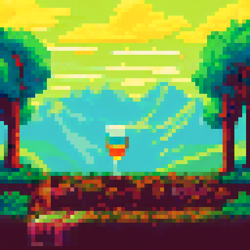Short haired guy with glasses sipping cider on a retro couch with a pixel art background of a vast, mountainous landscape in sRGB colors