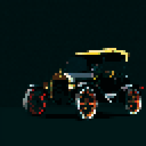 An old model T in a dark color next to a bright formula 1 car