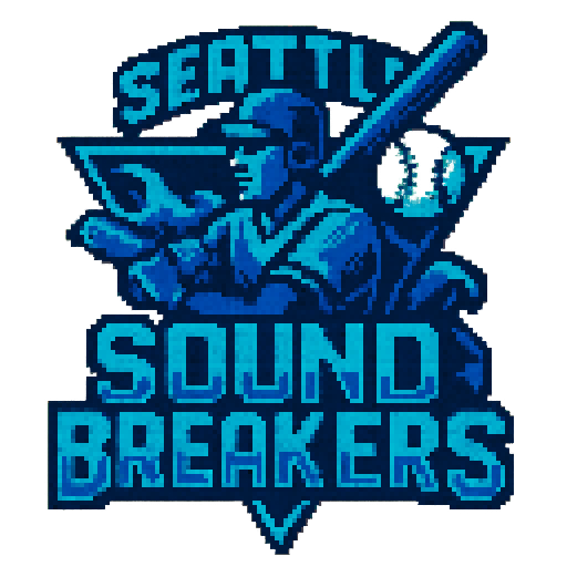 Pixel art of a fictional baseball team called the Seattle Sound Breakers. blue, teal, and dark blue, sharp outlines, and soft pixel shading. The logo design mimics 80s MLB logos. Use a vibrant Sega Genesis 16-bit style with selective dithering, geometric forms, and nostalgic retro charm. Avoid modern gradients—keep it pure pixel art.