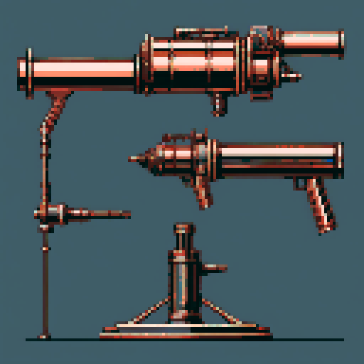 I want a tall vertical copper structure reminiscent of a minigun's barrel. It should have strange mechanical details that could interlock with each other. I also want this object usable an asset in a videogame, meaning only one object per image, outlined with a strong black stroke, on a solid-color background.