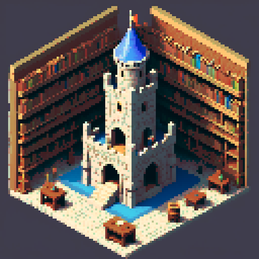 isometric, tower of mages, building in castle, medieval, inside, potions, book shelfs, building, table,block, lazurite