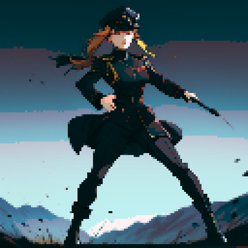 full-body image, military general woman, black uniform, black hat, evil, facing left, ready to fight, war background, battlefield, warfare