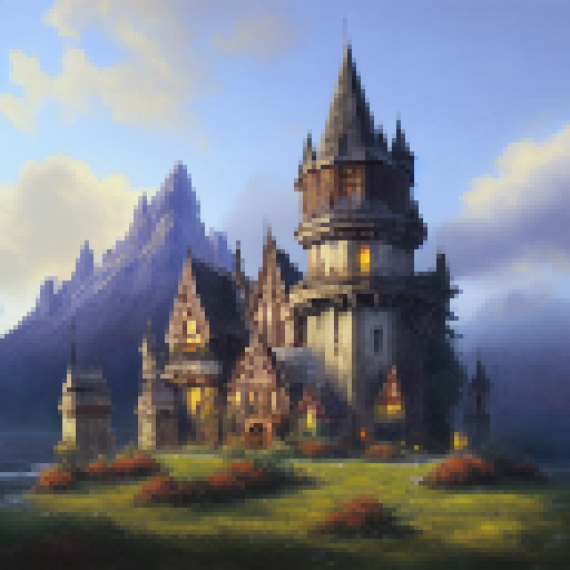 Gothic castle with towering turrets surrounded by misty mountains and a dark forest, rendered in a realistic oil painting style.