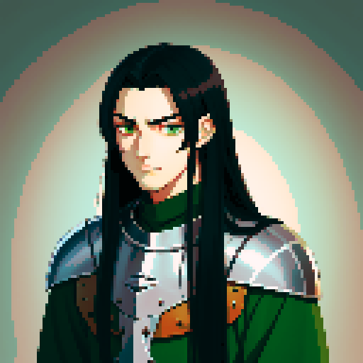 Young knight with long black hair, green eyes, handsome, anime style, fantasy medieval