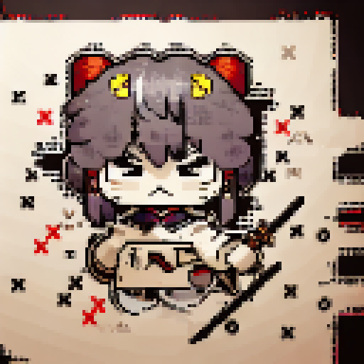 Pixelated caricature of a fierce, samurai warrior with a menacing expression, featuring bold black lines and sharp angles, all rendered in a monochromatic palette.