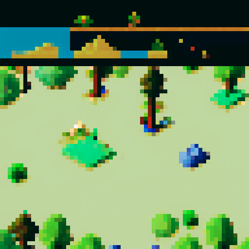 hero on a mountain terrain, rocky critters, trees in pixel art style