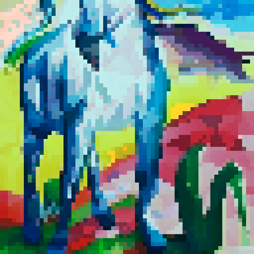 blue horse, galloping through a vibrant pixelated landscape, mane flowing with vibrant colors, surrounded by geometric shapes and bright blocky trees, showcasing the intricate details of pixel art