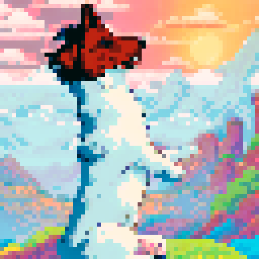 A playful dog frolicking in a vibrant, pixelated meadow with a towering, technicolor mountain range in the distance, all against a sunny, sRGB sky