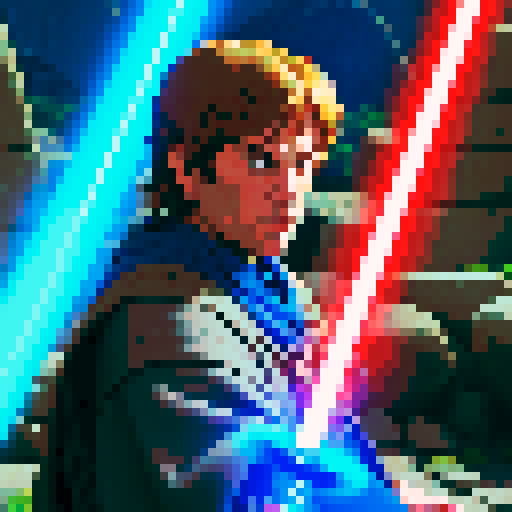 Jedi knight with blue light saber. He controls heavy stones with his jedi power. those stones are behind him.