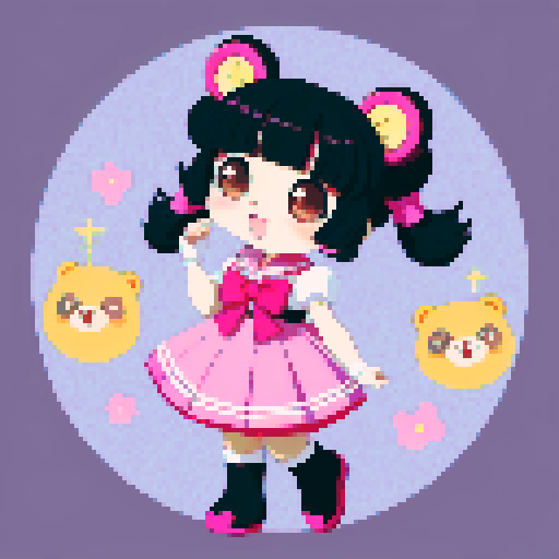 This image features a stylized bear inspired by Sailor Moon, depicted in a chibi art style. The bear has, expressive black eyes and a cute, youthful appearance. The hair is styled in long twin pigtails, accented with pink and gold ribbons, matching the color theme of the outfit, which includes a sailor-style collar and a pink bow. The background is interesting magic landscape, enhancing the character's playful and magical theme. This is a typical example of how popular anime characters