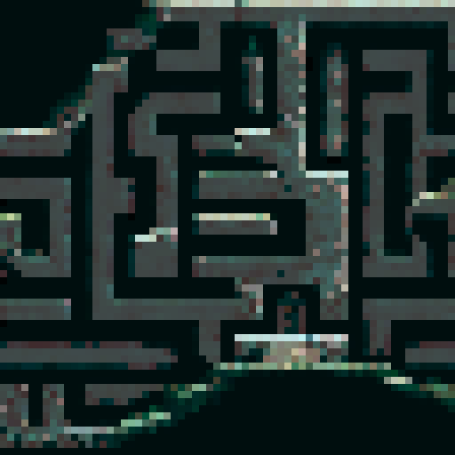 Brick maze, vibrant colors, intricate pathways, towering walls, perspective, isometric view, detailed textures, immersive atmosphere, nostalgic pixel art, sRGB, background, landscape