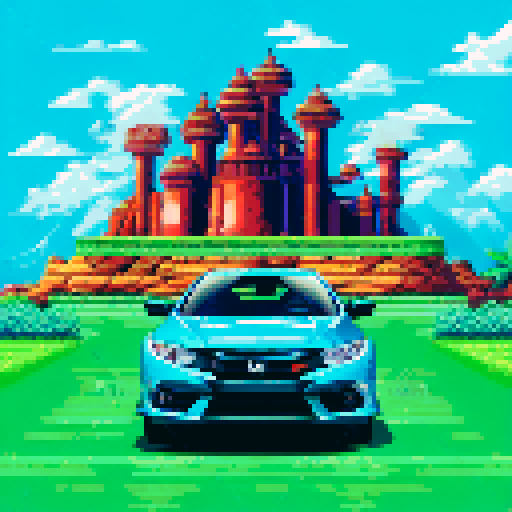 Photorealistic, centered Honda Civic in a three quarter view, right wheel in front, clean background, pixel art style with sRGB colors
