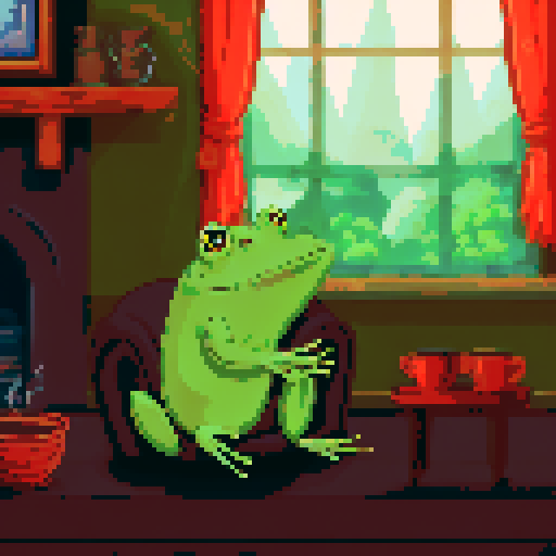 In the cozy ambiance of a dimly lit room, a small, jovial frog perches comfortably upon a plush couch chair, its diminutive size emphasized by the vastness of the furniture. The flickering flames of a nearby fireplace cast a warm glow, enveloping the space in a soft, golden light, creating an atmosphere of comfort and relaxation. With a mug clasped delicately between its tiny webbed fingers, the contented frog takes a sip of steaming coffee, its expression reflecting pure bliss.