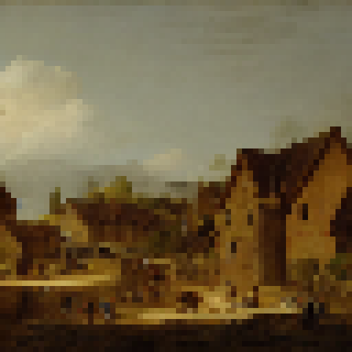 landscape with wood and stone buildings, people crafting and fighting monsters