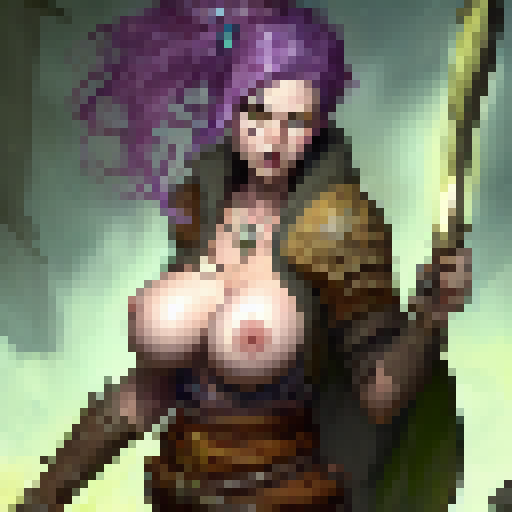 Ford Curby, a brave warrior with buxom breasts, wields a glowing sword as she battles a horde of goblins in a fantastical RPG world. and he has boobs