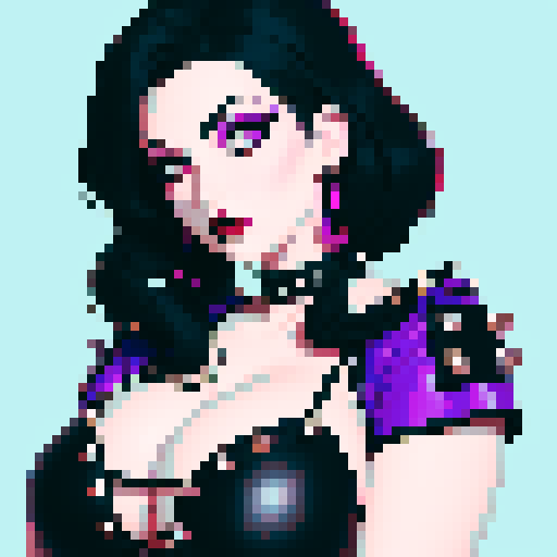 curvy, busty goth, cute goth woman's face, black hair, purple eyeshadow, red lipstick, studded leather string bikini, face portrait, beauty photo, vibrant sRGB colors, pixel art