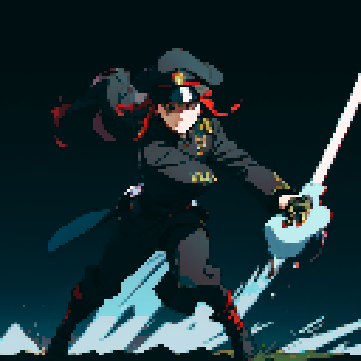 full-body image, military general woman, black uniform, black hat, evil, facing left, ready to fight, war background, battlefield, warfare