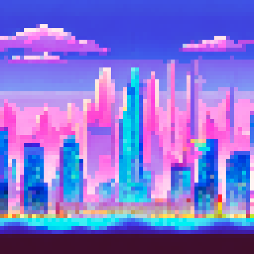 Snow-capped skyscraper towering over a neon city, all rendered in a vibrant, pixelated art style on an sRGB background