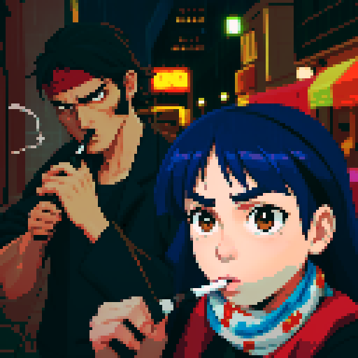 Girl on the right smoking a cigarette, guy on the left holding a gun with a bandana on his face, gritty, rainy, nighttime, downtown