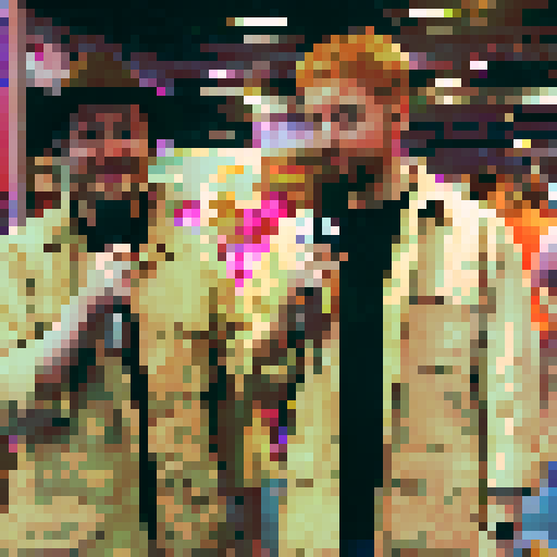 adventurers exploring a vibrant and mystical forest, surrounded by towering trees and sparkling streams, capturing their awe-struck expressions with vintage microphones, highlighting their friendly camaraderie through smiles, all depicted in a breathtaking landscape portrait with intricate character designs, showcasing the beauty of pixel art in every meticulously detailed element