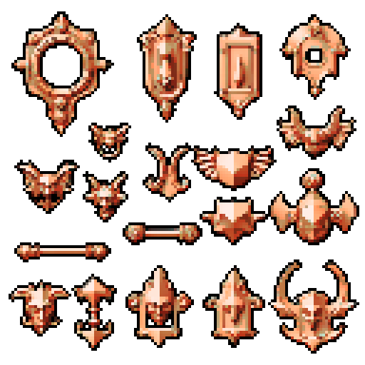 simple, geometrical pieces copper from old door knocker and gargoyles. Steampunk. It should be seen as if on a wall, with no perspective, on a solid-color background. There should one be two or three pieces in each frame, it shouldn't be complete.