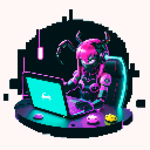 cute cyberpunk scorpion with human head, human head is from anime inspired character with vibrant hair, expressive eyes, a playful smile, and a mouth mask, scorpion is playing computer games, tables with potato chips and coca cola, scorpion's tail should be fully in the picture, bright yellow and cyan and pink lights