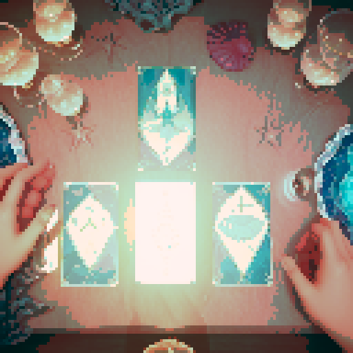 A close-up of a woman's hands over a table during a tarot card reading in a medieval dark style. The table is adorned with elements of the ocean such as sea shells, sand, and small pieces of coral. The atmosphere is mystical and dimly lit, with candlelight casting shadows that enhance the eerie and magical mood. The woman's hands are gracefully poised over the cards, which also have oceanic designs like waves and mermaids.