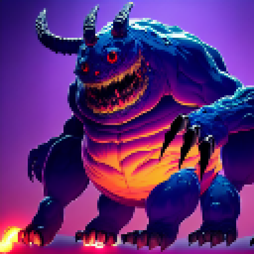  a massive, grotesque creature covered in oozing, pulsating tumors that exude toxic fumes. Its body resembles a nightmarish fusion of multiple animals, with mismatched limbs, twisted horns, and a misshapen head with glowing purple eyes. Its thick hide is almost impervious to physical attacks, and its movements are erratic and unpredictable. Its multiple legs end in razor-sharp claws that can rend through solid rock, and its massive, bulbous abdomen houses a gaping maw lined with rows of serrated