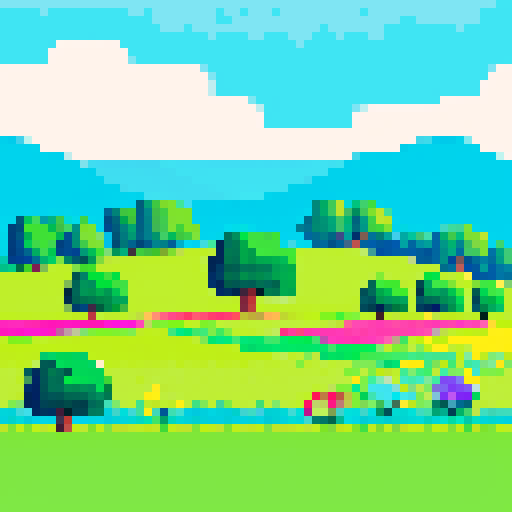 flat green meadows, vibrant flowers, rolling hills, clear blue sky, pixelated grass, vivid colors, low-resolution landscape, blocky trees, simplified details, retro aesthetic, limited color palette, digital art, nostalgic vibes, 8-bit style