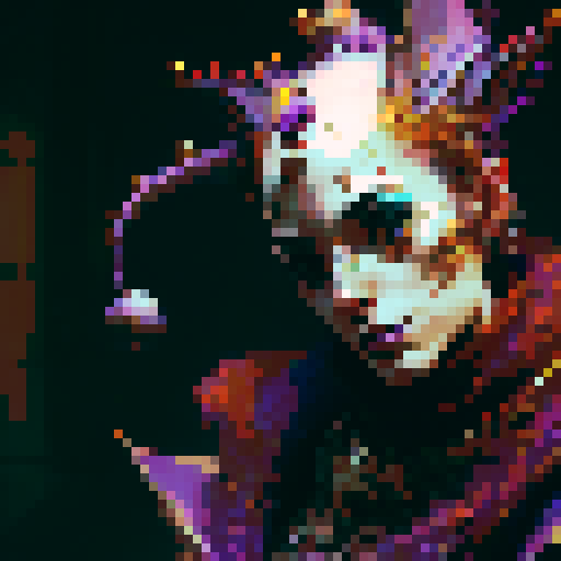 jester, vibrant colors, elaborate costume, mischievous expression, medieval backdrop