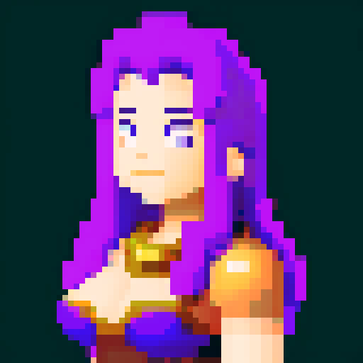 strong, busty, pixelated tavernkeeper woman portrait with non-vibrant colors, emphasized facial features