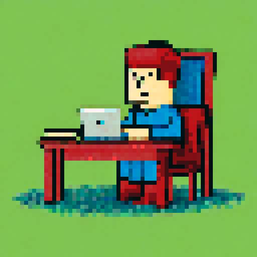 Create a worker sitting on a chair on a computer.