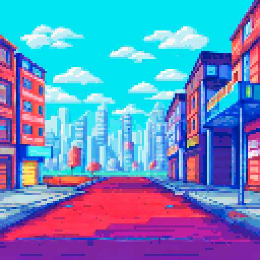 Empty parking lot with cracked asphalt, surrounded by brightly colored houses and tall buildings, with a sprawling map of the city in the background, all rendered in vibrant pixel art, large area