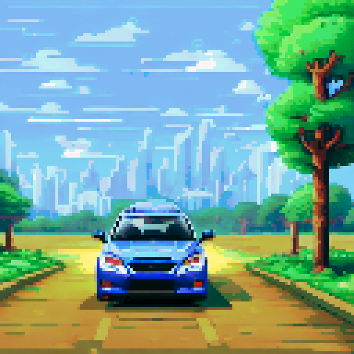 Photorealistic whole Subaru Imperza WRX, centered, three-quarter view, right front wheel, clean background, realistic colors, pixel art style
