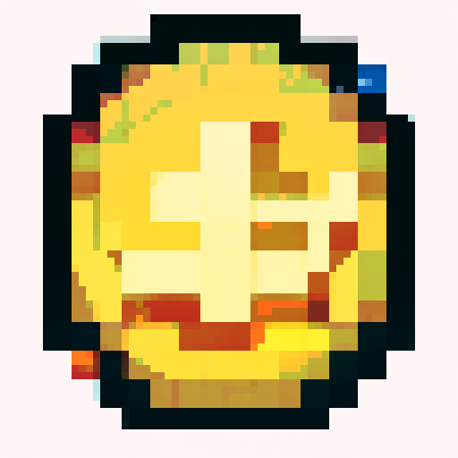 Imagine a digital, pixelated coin, shimmering with a bright golden hue. This coin has a classic round shape, resembling a traditional coin, but its surface is made up of tiny, square pixels, giving it a distinctly digital and retro video game look. The pixels catch light at various angles, making the coin glint and sparkle. On its surface, there is a simple, pixelated design – perhaps a symbol or a character – that is iconic and easy to recognize, yet rendered in a minimalist, blocky style typic