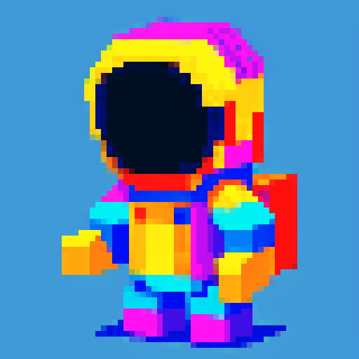 astronaut, pixelated spacesuit, vibrant colors, low resolution, blocky shapes, retro, 8-bit style, square pixels, limited color palette, sRGB