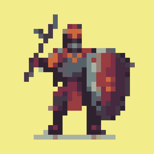 valiant knight, brown-haired, no helmet, wielding a sword and shield, shield embossed with a golden "V", oblique side view