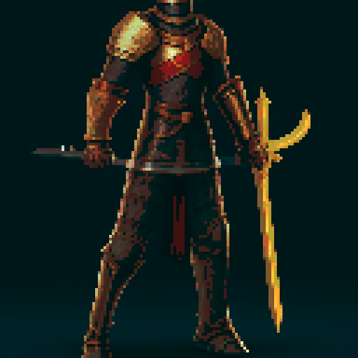 pixel art picture of a human male knight with a greatsword, vibrant colors, detailed shading, and smooth lines, heavy armor, confident stance, muscular build, armored helmet, deep red and gold armor, detailed sword, detailed shading, smooth lines