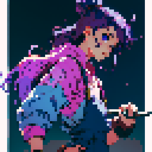 nerdy character, purple-haired, overalls-wearing, small hammer-wielding, jrpg-style, sRGB, pixel art