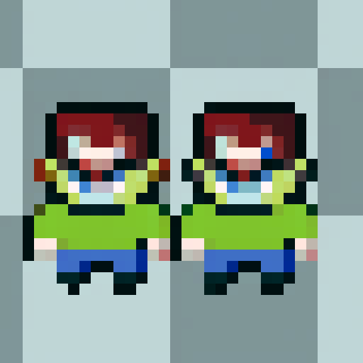 maroon-haired boy, green hoodie, white tee-shirt, blue pants, dark shoes, pixel art, sRGB, 32x32